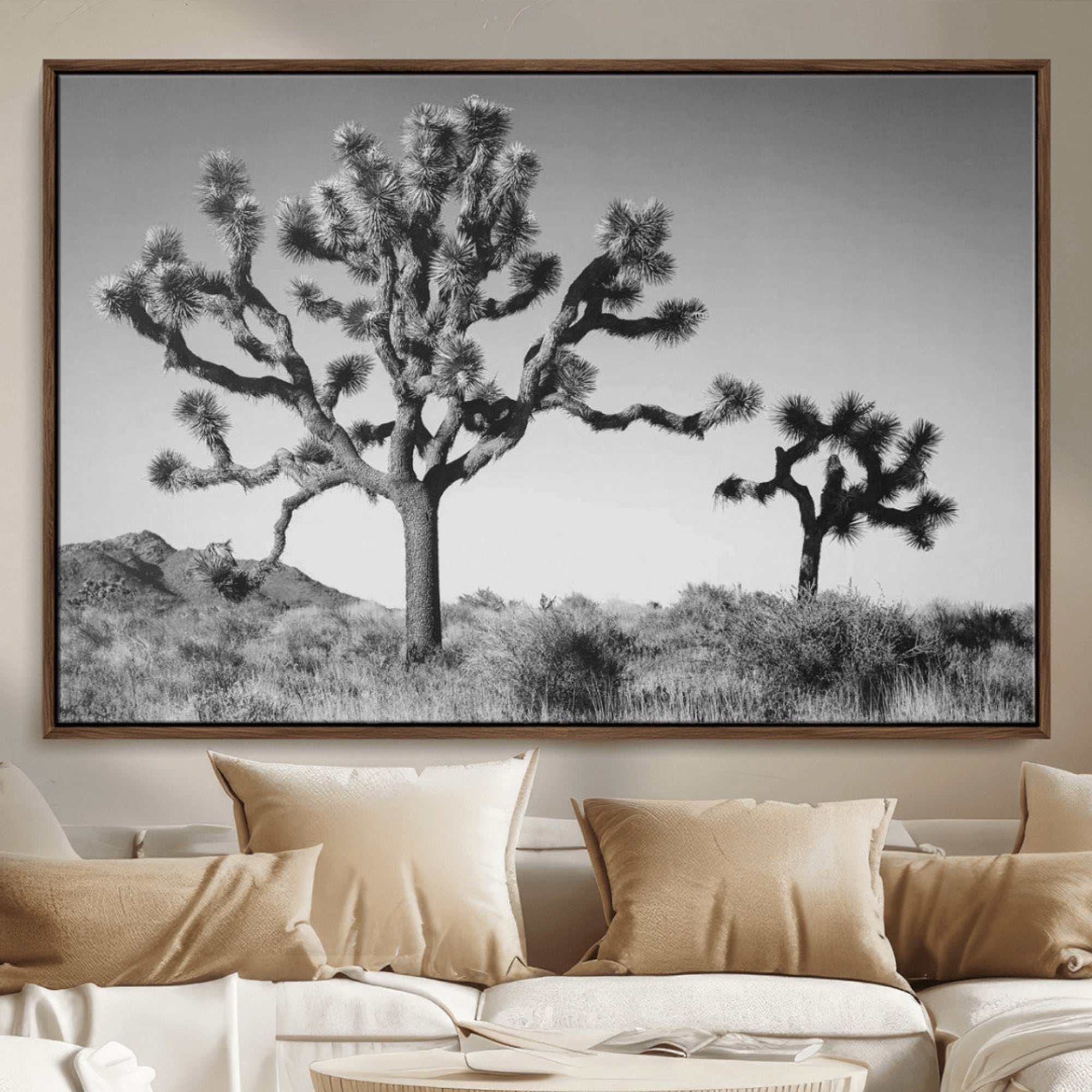 93692513-MGV-CV-36X24-Joshua Tree Wall Art Canvas Print – Framed Monochrome Desert Minimalist Nature Scene Southwestern Artwork for Home Office