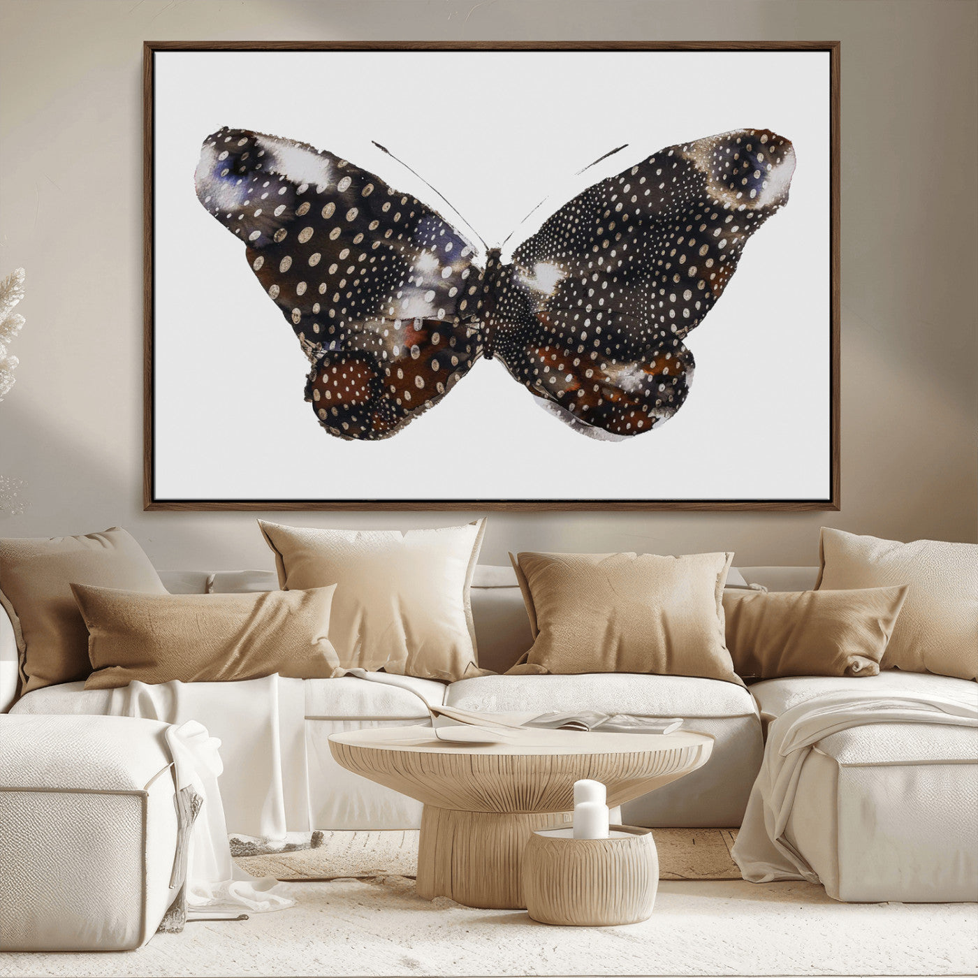 MGV-FC-36X24 - Spotted Butterfly Wall Art Canvas Print, Framed Neutral Insect Theme Art Picture Print, Earthy Wing Pattern Perfect Modern Rustic Decor Artwork