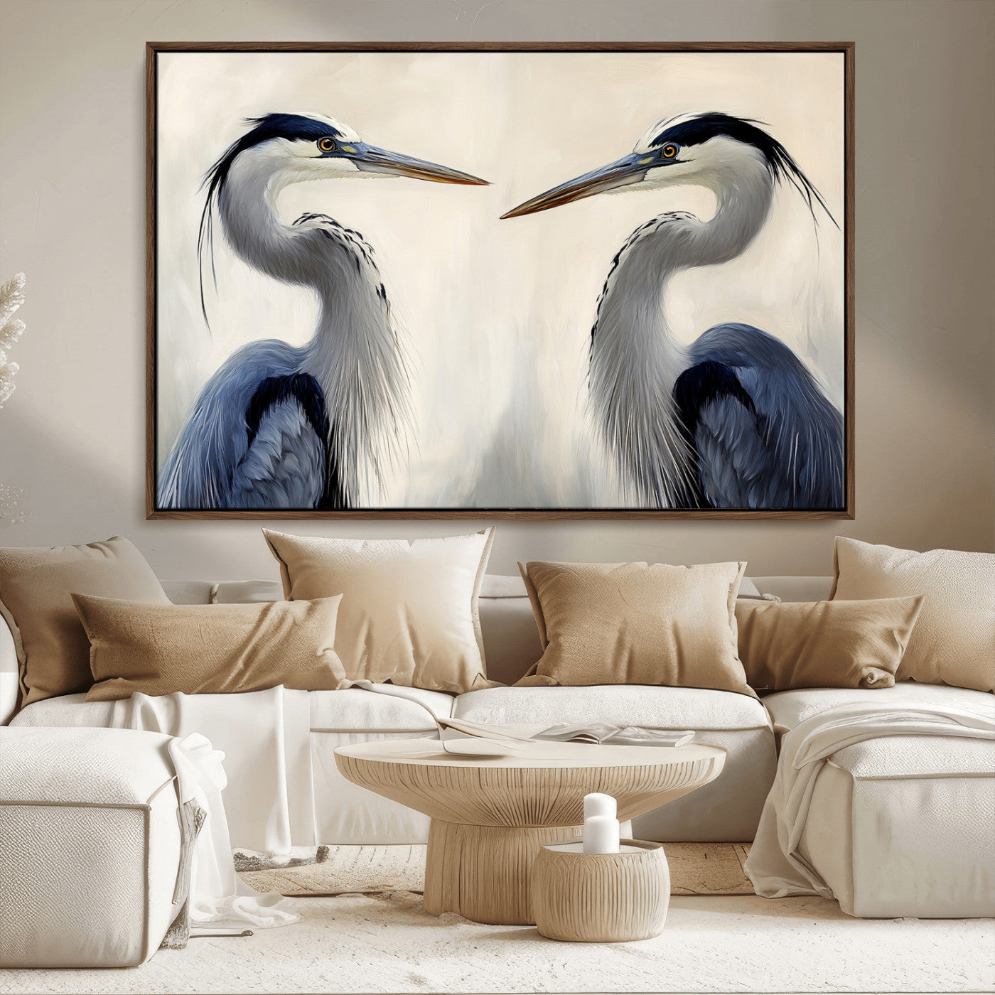 MGV-FC-36X24 - Blue Heron Pair Wall Art Canvas Print, Framed Coastal Bird Theme Art Picture Print, Tranquil Wildlife Scene Perfect Coastal Minimalist Decor Artwork