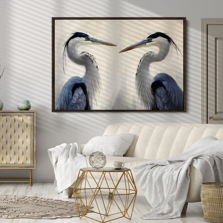 Blue Heron Pair Art Canvas Print, Coastal Bird Theme Print, Framed Tranquil Wildlife Scene Art Print, Large Nature Inspired Decor