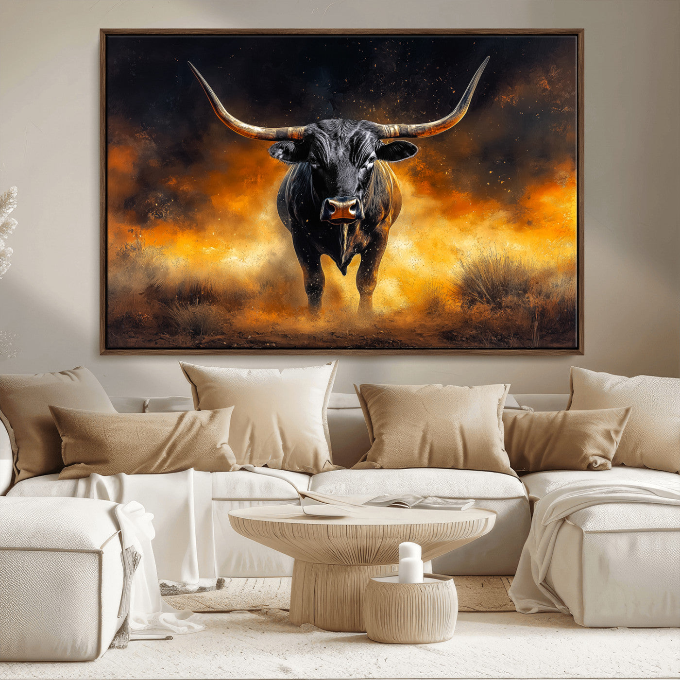 MGV-FC-36X24 - Longhorn Canvas Wall Art Canvas Print, Framed Bold Bull Wall Art Art Picture Print, Western Animal Decor Perfect Western Dramatic Decor Artwork
