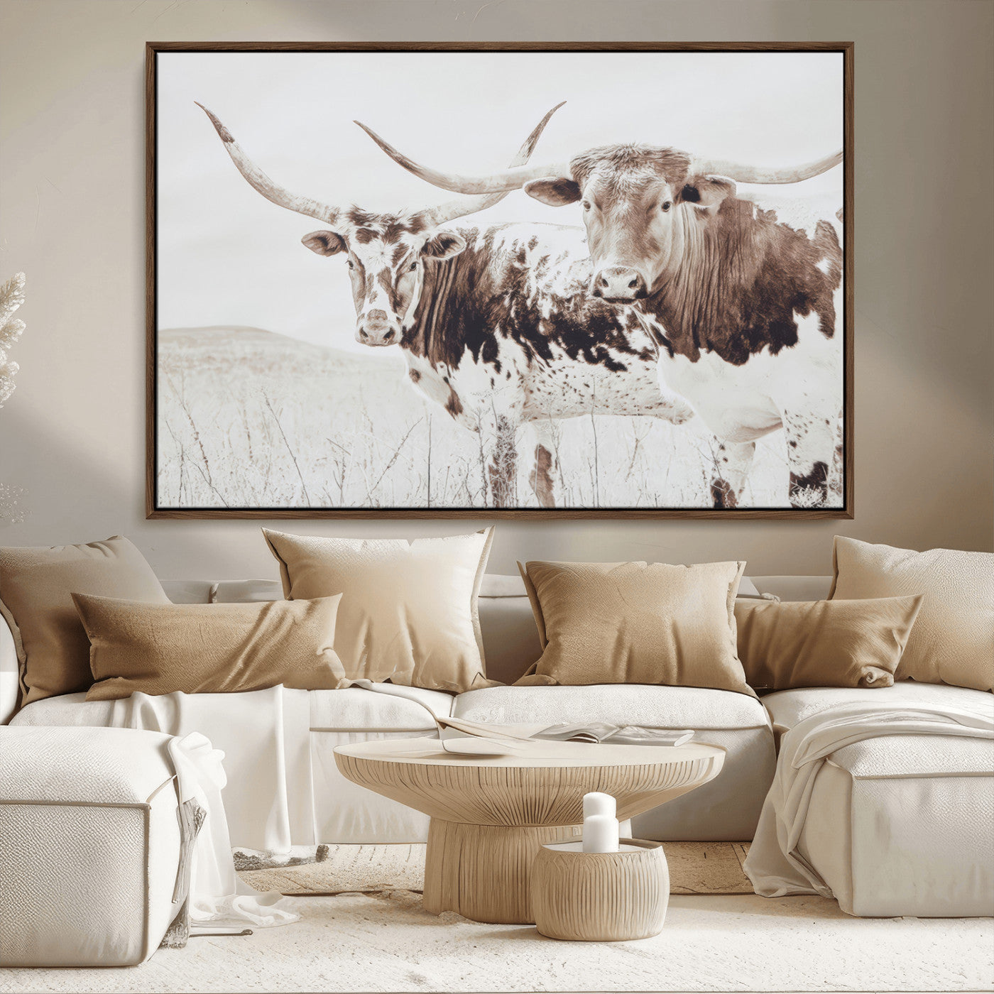 MGV-FC-36X24 - Longhorn Wall Art Wall Art Canvas Print, Framed Western Cow Canvas Art Picture Print, Rustic Farm Decor Perfect Rustic Farmhouse Decor Artwork