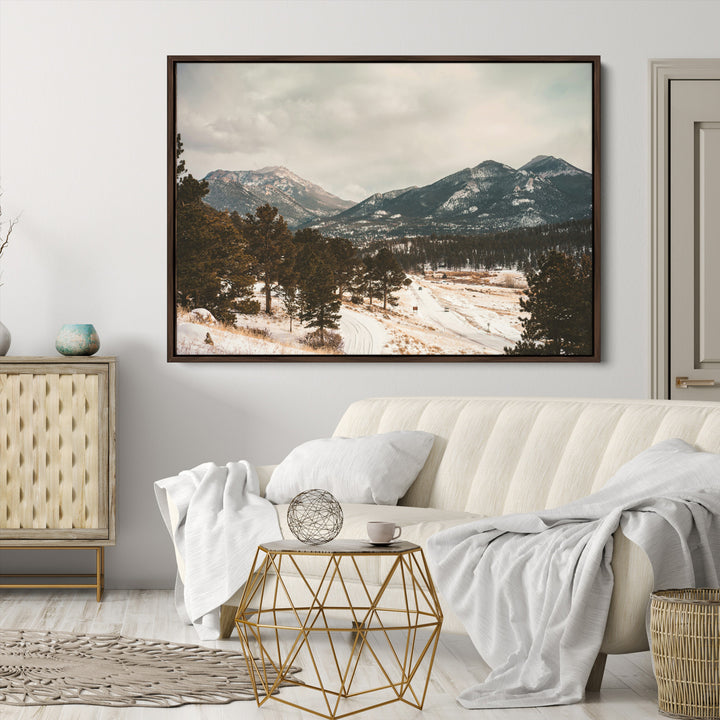 Mountain Landscape Wall Art Canvas Print, Framed Snowy Peaks Art Picture Print, Alpine Aesthetic Perfect Rustic Winter Decor Artwork