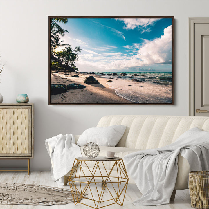 Tropical Beach Wall Art Canvas Print, Framed Ocean Waves Art Picture Print, Relaxing Seascape Perfect Tropical Coastal Decor Artwork