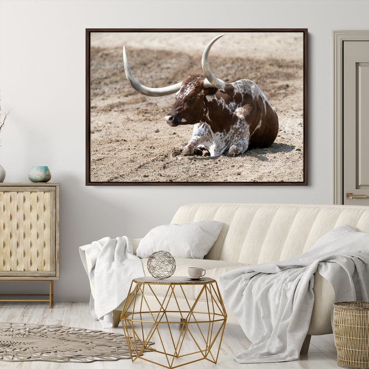 Texas Longhorn Wall Art Canvas Print, Framed Country Living Art Picture Print, Farmhouse Perfect Western Decor Artwork