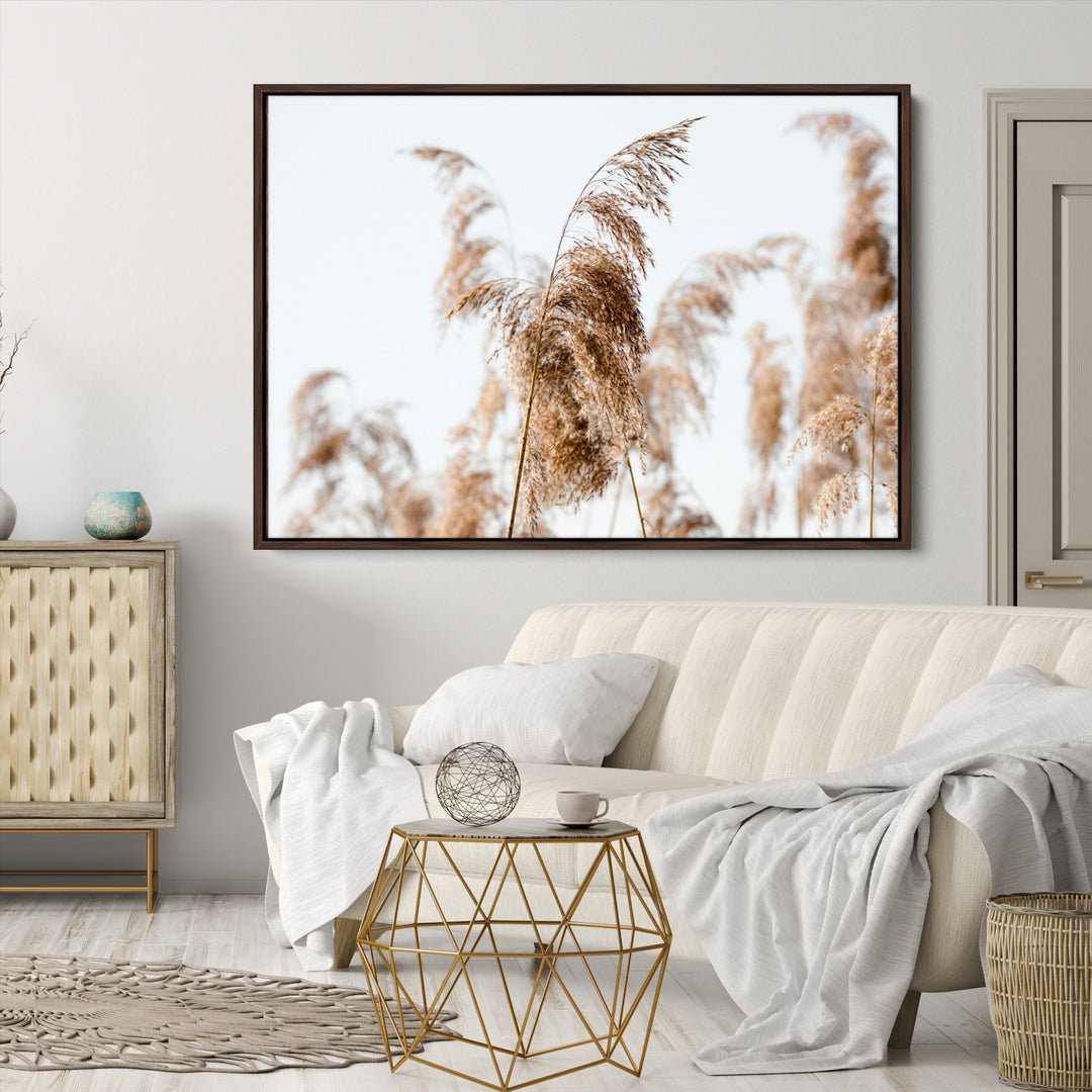Pampas Grass Wall Art Canvas Print, Framed Neutral Tones Art Picture Print, Minimalist Nature Perfect Boho Decor Artwork