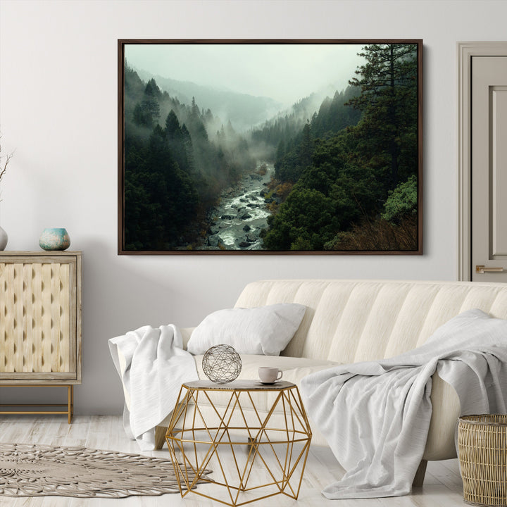 Misty Forest Wall Art Canvas Print, Framed Foggy River Art Picture Print, Moody Landscape Perfect Wilderness Decor Artwork