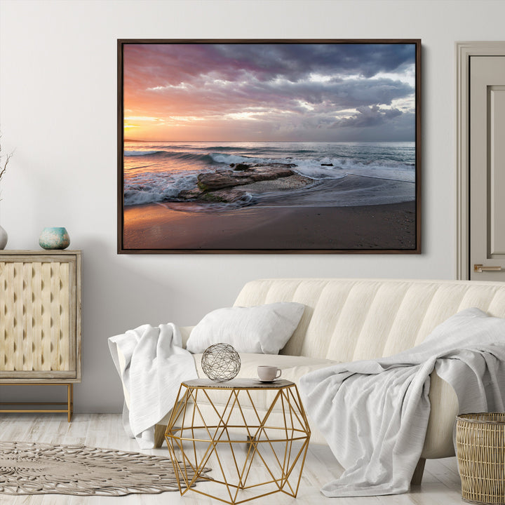 Golden Hour Wall Art Canvas Print, Framed Tranquil Waves Art Picture Print, Beach Perfect Coastal Serenity Decor Artwork
