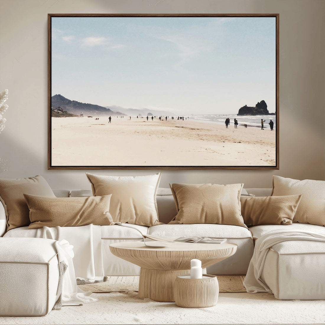 Minimalist Beach Wall Art Canvas Print, Framed Coastal Serenity Soft Sand