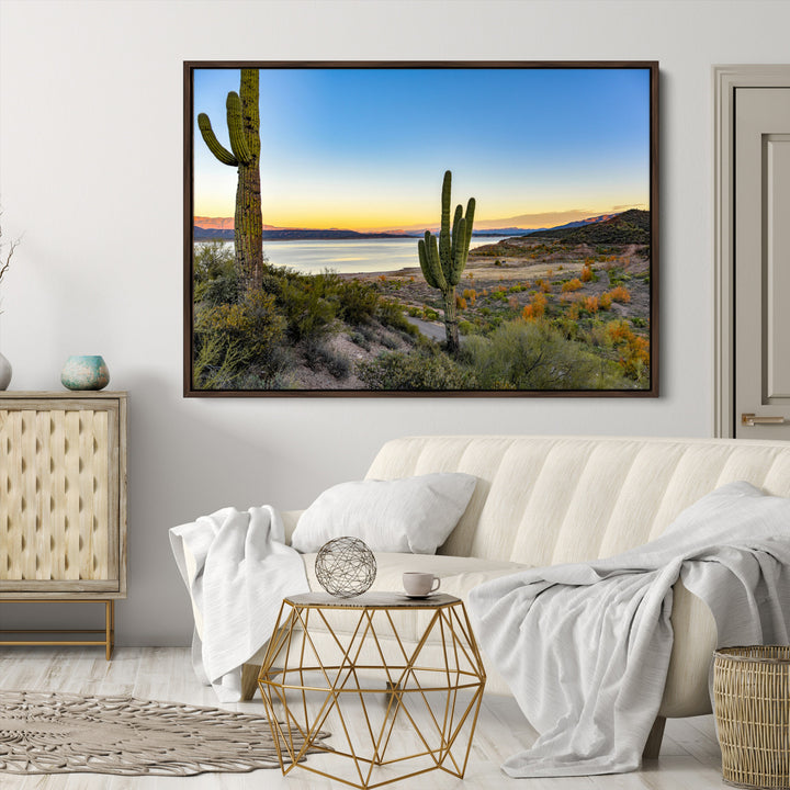 Saguaro Cactus Wall Art Canvas Print, Framed Desert Sunset Art Picture Print, Southwestern Perfect Southwestern Decor Artwork
