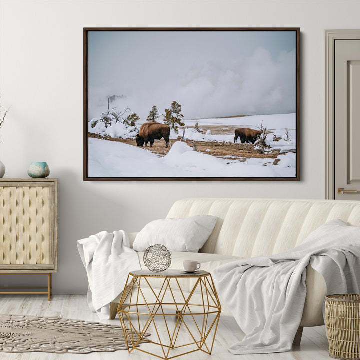 Bison Wildlife Wall Art Canvas Print, Framed Snowy Prairie Art Picture Print, Western Perfect Rustic Decor Artwork