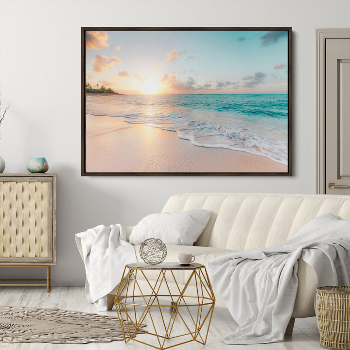 Beach Sunset Wall Art Canvas Print, Framed Ocean Waves Art Picture Print, Summer Escape Perfect Coastal Decor Artwork