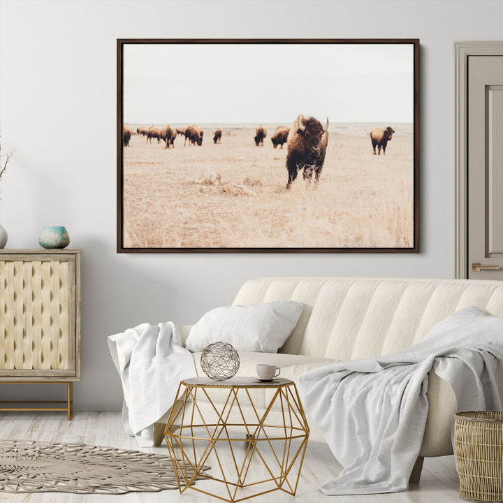 Bison Herd Wall Art Canvas Print, Framed Western Art Picture Print, Prairie Serenity Perfect Ranch Decor Artwork