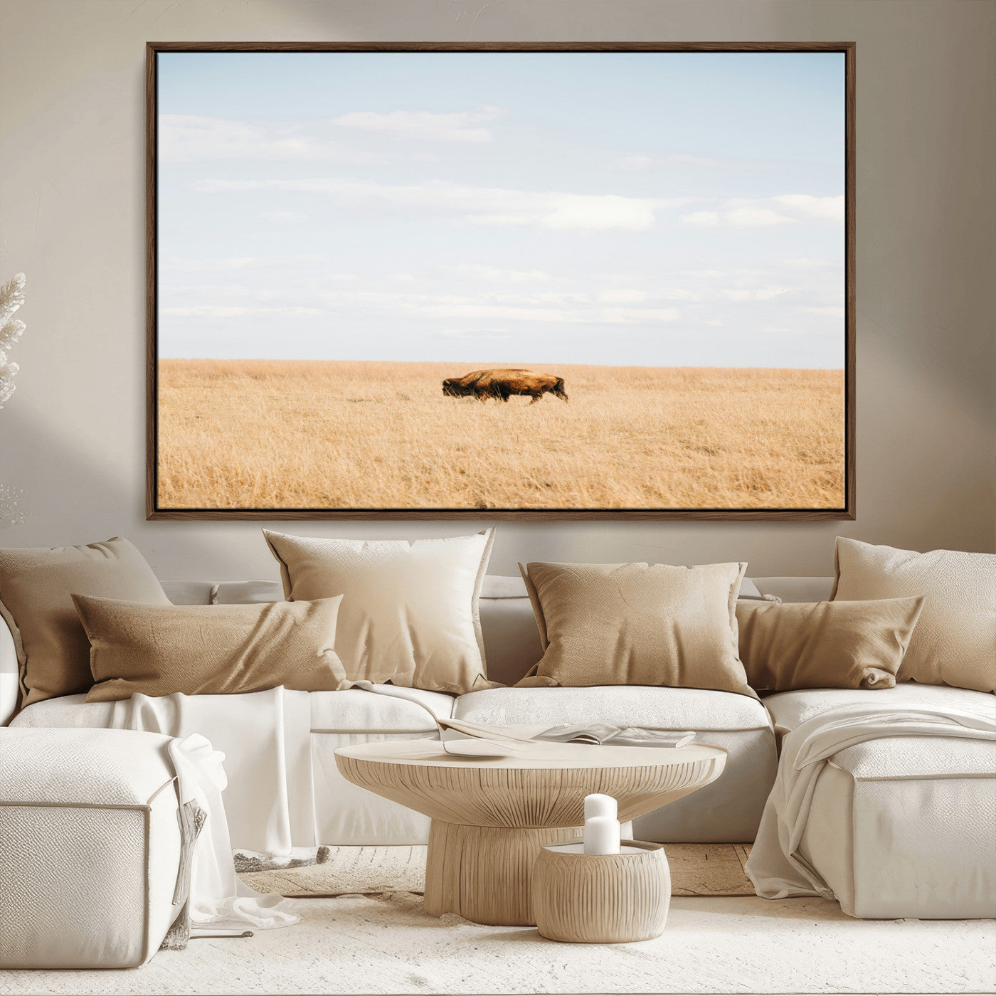 MGV-FC-36X24 - Minimalist Nature Wall Art Canvas Print, Framed Bison In Grassland Art Picture Print, Open Field Perfect Modern Ranch Decor Decor Artwork