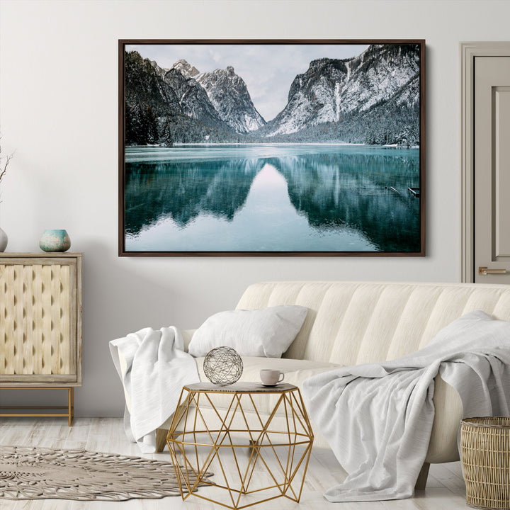 Mountain Lake Wall Art Canvas Print, Framed Wonderland Art Picture Print, Snowy Peaks Perfect Nature Decor Artwork