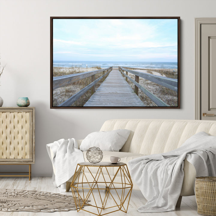 Beach Boardwalk Wall Art Canvas Print, Framed Coastal Serenity Art Picture Print, Ocean View Perfect Coastal Decor Artwork