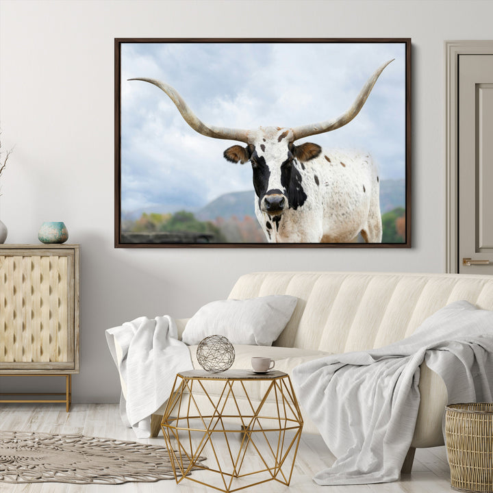 Texas Longhorn Wall Art Canvas Print, Framed Western Rustic Art Picture Print, Farmhouse Decor Perfect Farmhouse Decor Artwork
