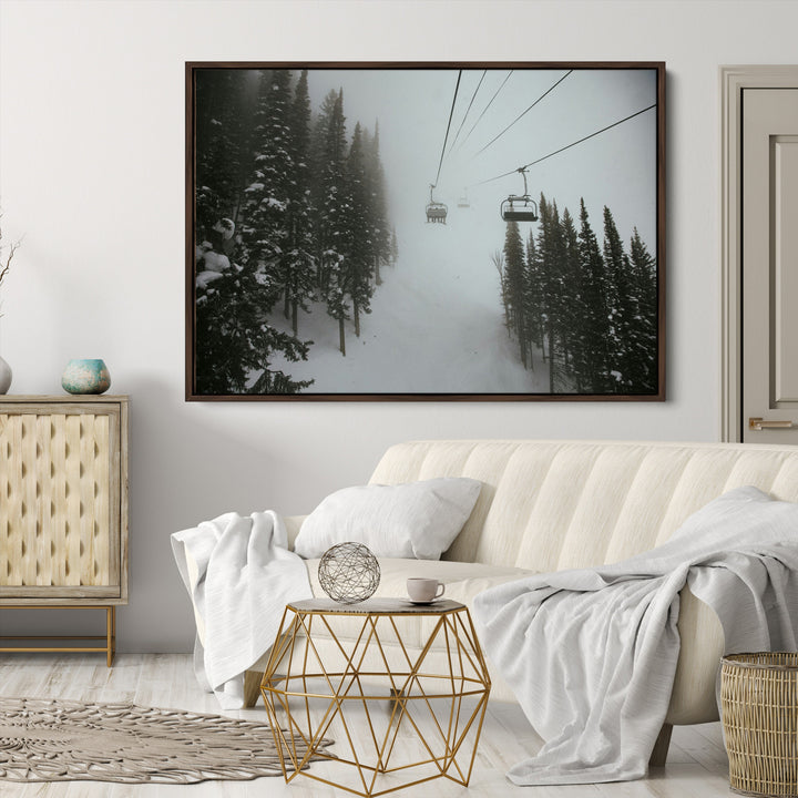 Ski Lift Wall Art Canvas Print, Framed Snowy Pines Art Picture Print, Misty Landscape Perfect Winter Serenity Decor Artwork