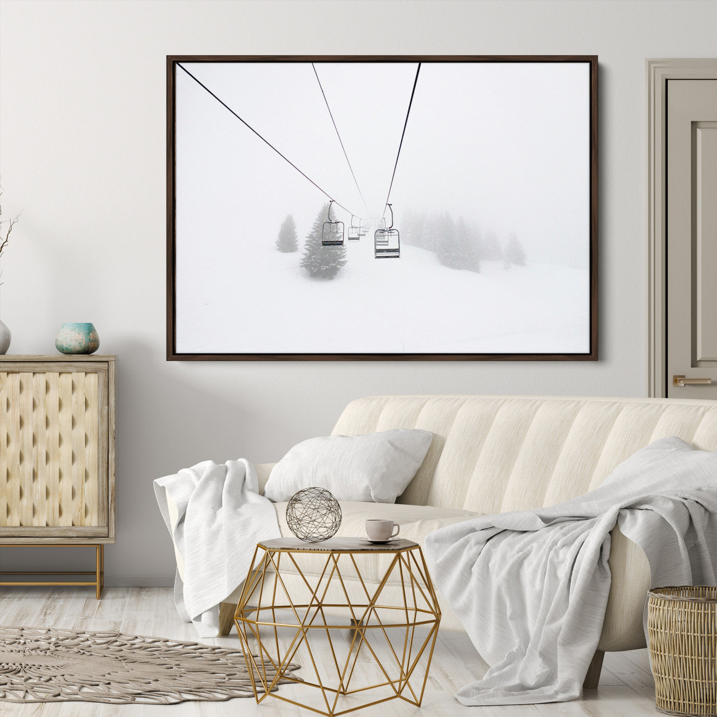 Ski Lift Print Wall Art Canvas, Framed Snowy Landscape Art Picture Print, Alpine Adventure Perfect Nordic Minimalist Decor Artwork