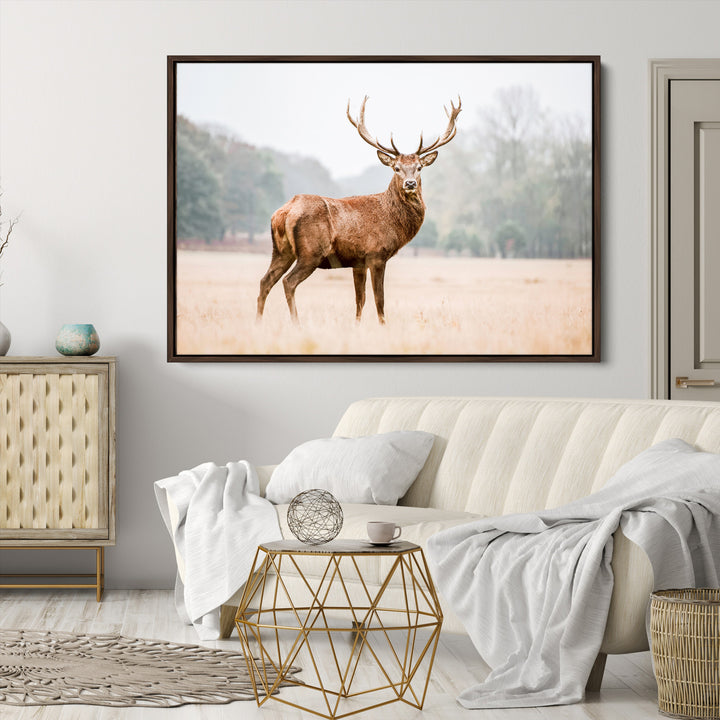 Vintage Wildlife Canvas Print, Framed Misty Landscape Art Picture Print, Deer Wall Art Perfect Rustic Wildlife Decor Artwork