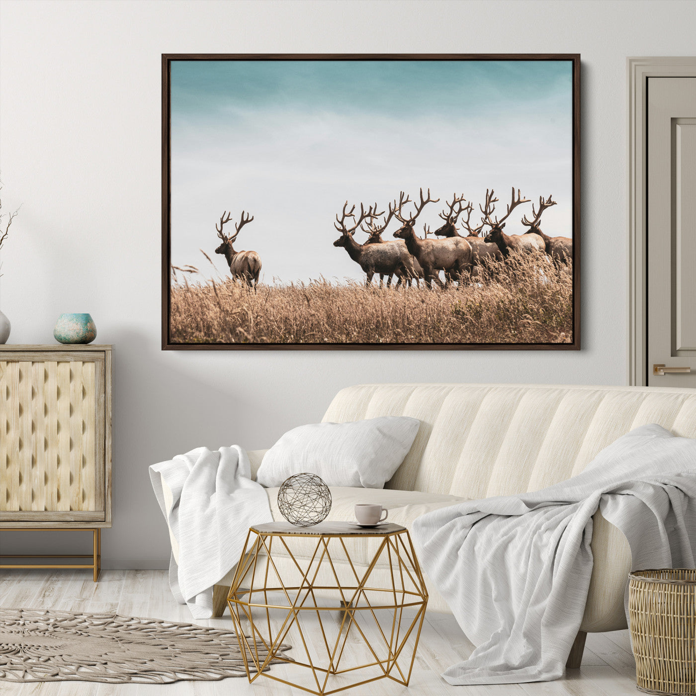 Elk Herd Wall Art Canvas, Antler Canvas Print, Framed Wildlife Photography Art Picture Print, Rustic Nature Print Perfect Rustic Wildlife