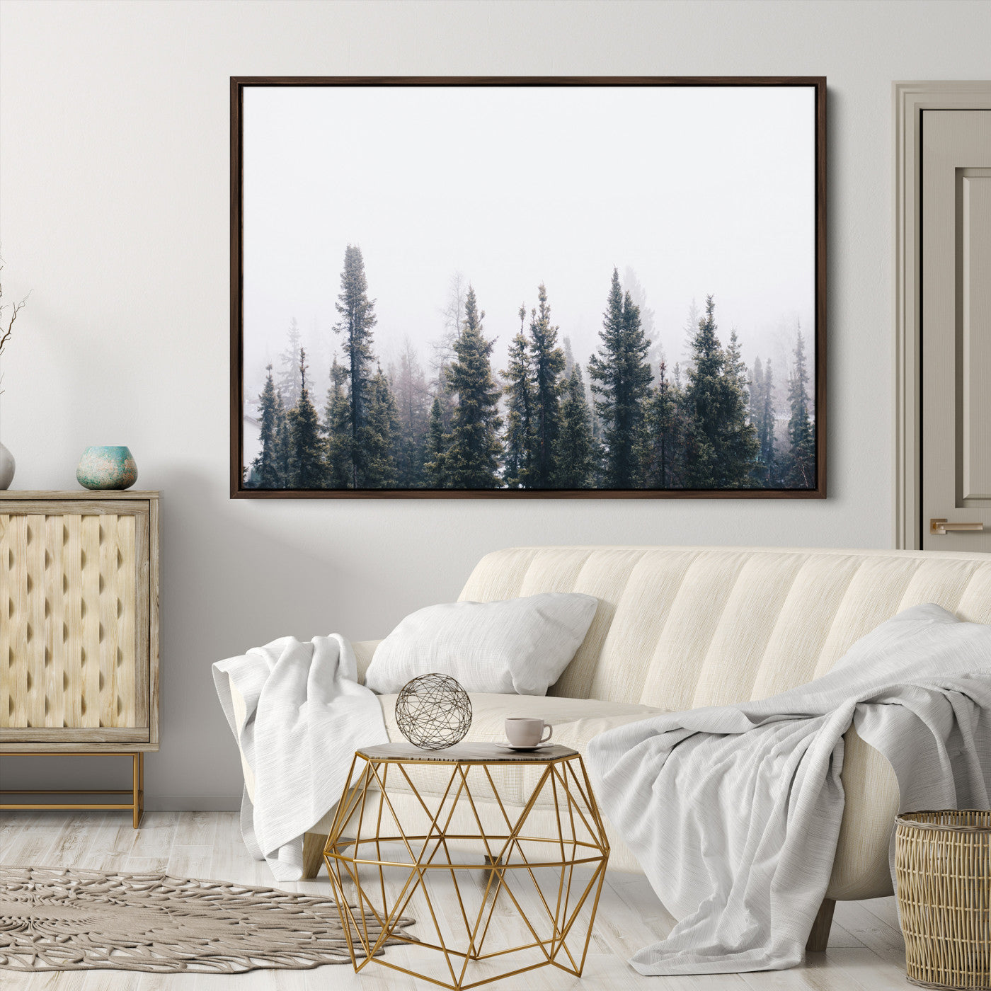 Foggy Forest Wall Art Canvas Print, Framed Misty Pines Art Picture Print, Moody Woodland Perfect Scandinavian Minimalist Decor Artwork