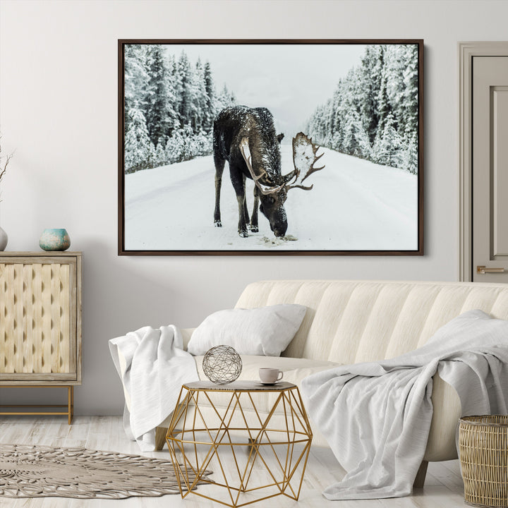 Moose in Snow Wall Art Canvas Print, Framed Winter Wildlife Art Picture Print, Snowy Forest Scene Perfect Rustic Lodge Decor Artwork