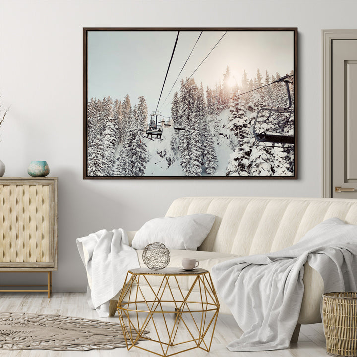 Frosty Pines Wall Art Canvas Print, Framed Cozy Cabin View Art Picture Print, Ski Lift Ride Perfect Rustic Lodge Decor Artwork