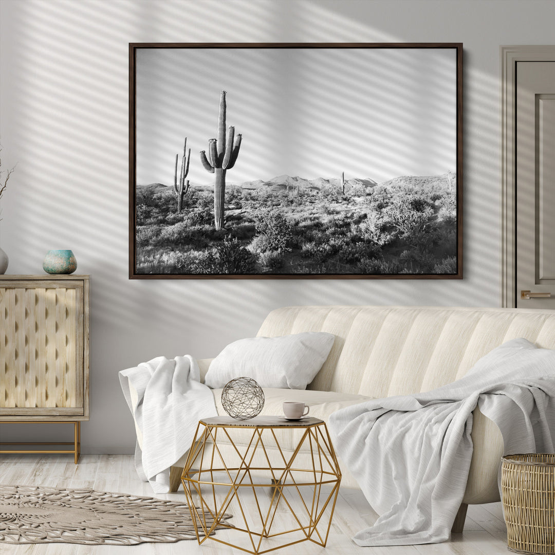 Saguaro Cactus Canvas Print Wall Art , Monochrome Landscape Print, Framed Scenic Arizona Art Print, Large Timeless Western Aesthetic
