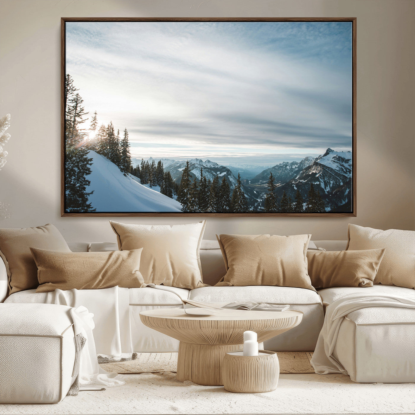 MGV-FC-36X24 - Snowy Mountains Wall Art Canvas Print, Framed Alpine Landscape Art Picture Print, Frosty Peaks Perfect Nordic Minimalist Decor Artwork