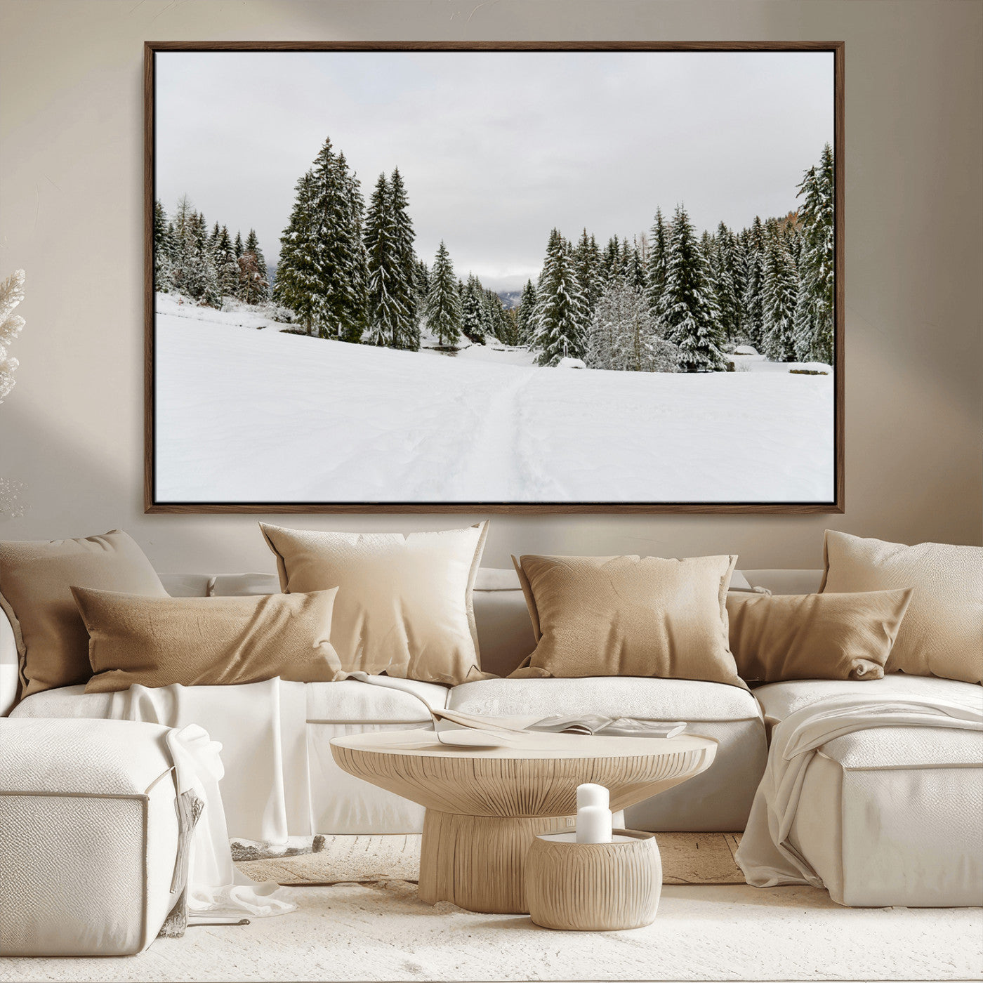 MGV-FC-36X24 - Frosty Pines Wall Art Canvas Print, Framed Silent Snowfall Art Picture Print, Cozy Cabin Vibes Perfect Nordic Minimalist Decor Artwork