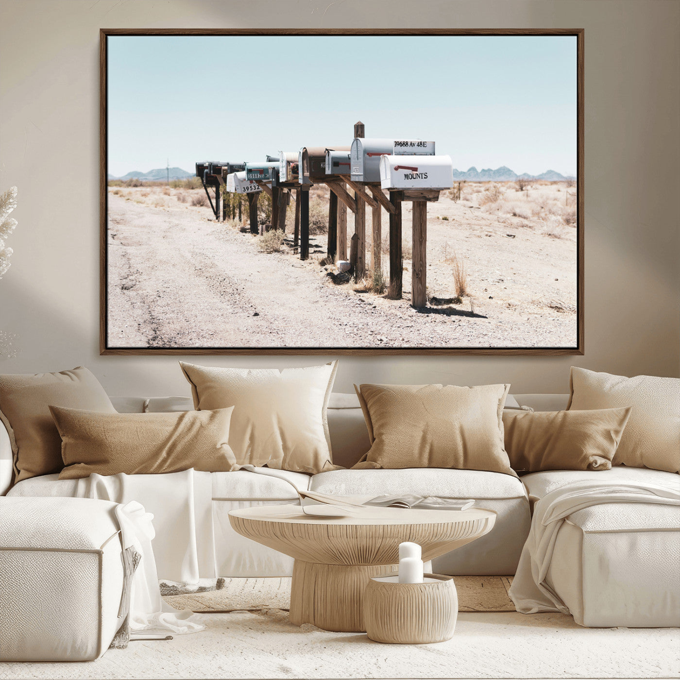 MGV-FC-36X24 - Desert Mailboxes Canvas Print – Minimal Western Landscape Photography, Rustic Americana Wall Art for