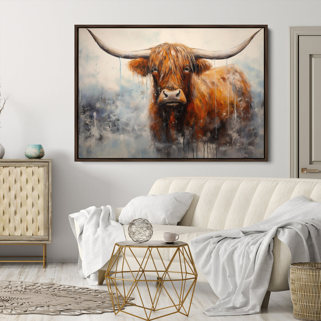 Scottish Highland Wall Art Canvas Print, Framed Longhorn Art Picture Print, Western Cow Perfect Farmhouse Decor Artwork