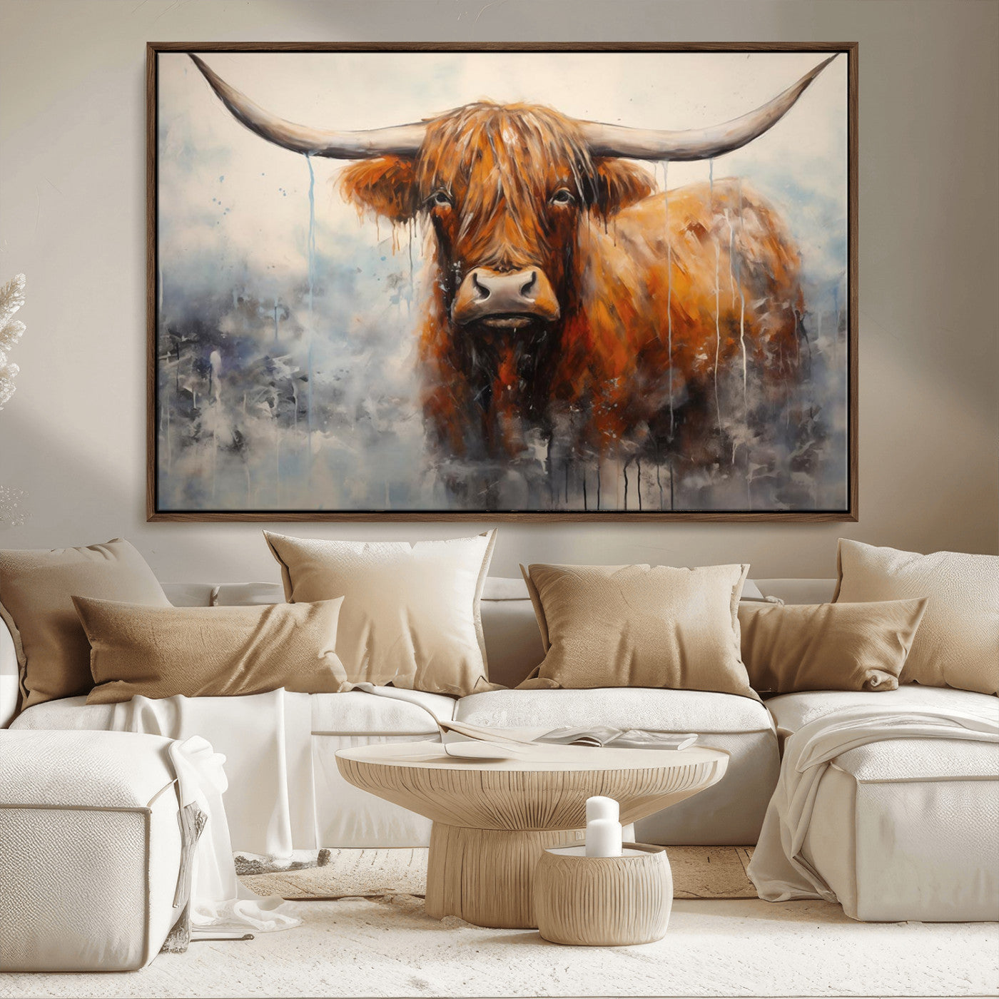 MGV-FC-36X24 - Scottish Highland Wall Art Canvas Print, Framed Longhorn Art Picture Print, Western Cow Perfect Farmhouse Decor Artwork