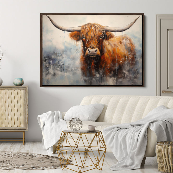 Scottish Highland Wall Art Canvas Print, Framed Longhorn Art Picture Print, Western Cow Perfect Farmhouse Decor Artwork