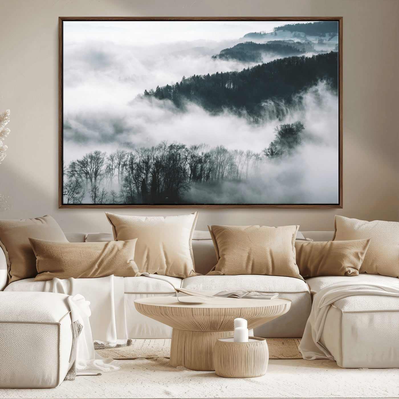 67569654-MGV-CV-36X24-Foggy Forest Landscape Wall Art Canvas Print – Misty Mountain Valley Scene in Monochrome Tones, Perfect for Minimalist or Nordic Home Decor