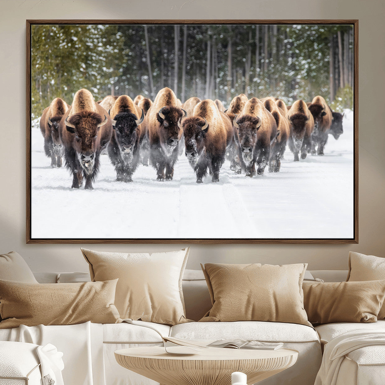 96906195-MGV-FC-36X24 - American Bison Herd Snow Canvas Wall Art – Powerful Winter Wildlife Print of Buffalo Motion, Rustic Lodge or Western Cabin Decor for Living Room, Office