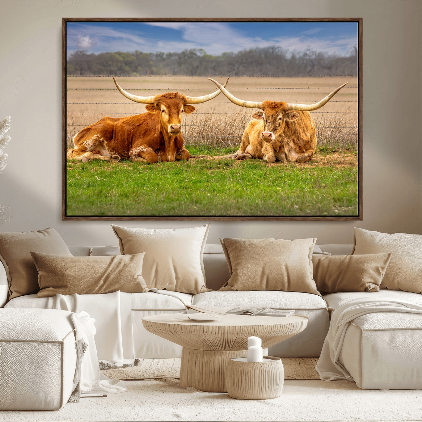 54598515-MGV-CV-36X24-Texas Longhorn Pair Wall Art Canvas Print – Peaceful Rustic Ranch Scene with Two Cattle in Field, Perfect for Western Farmhouse Home Decor