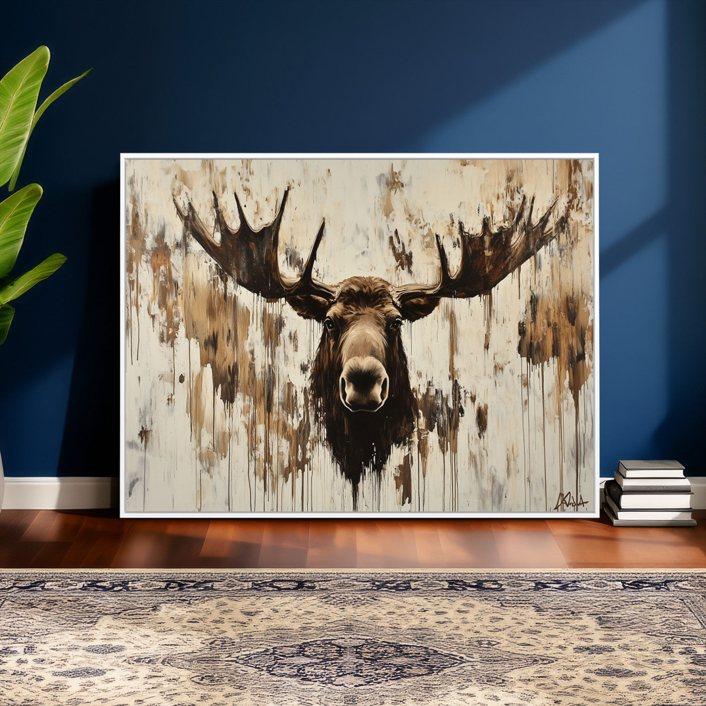 34496536-MGV-CV-36X24 - Powerful Moose Portrait Wall Art – Rich Earthy Tones, Expressive Brushstrokes, Striking Gaze, Raw Nature Vibes Decor for Home or Office