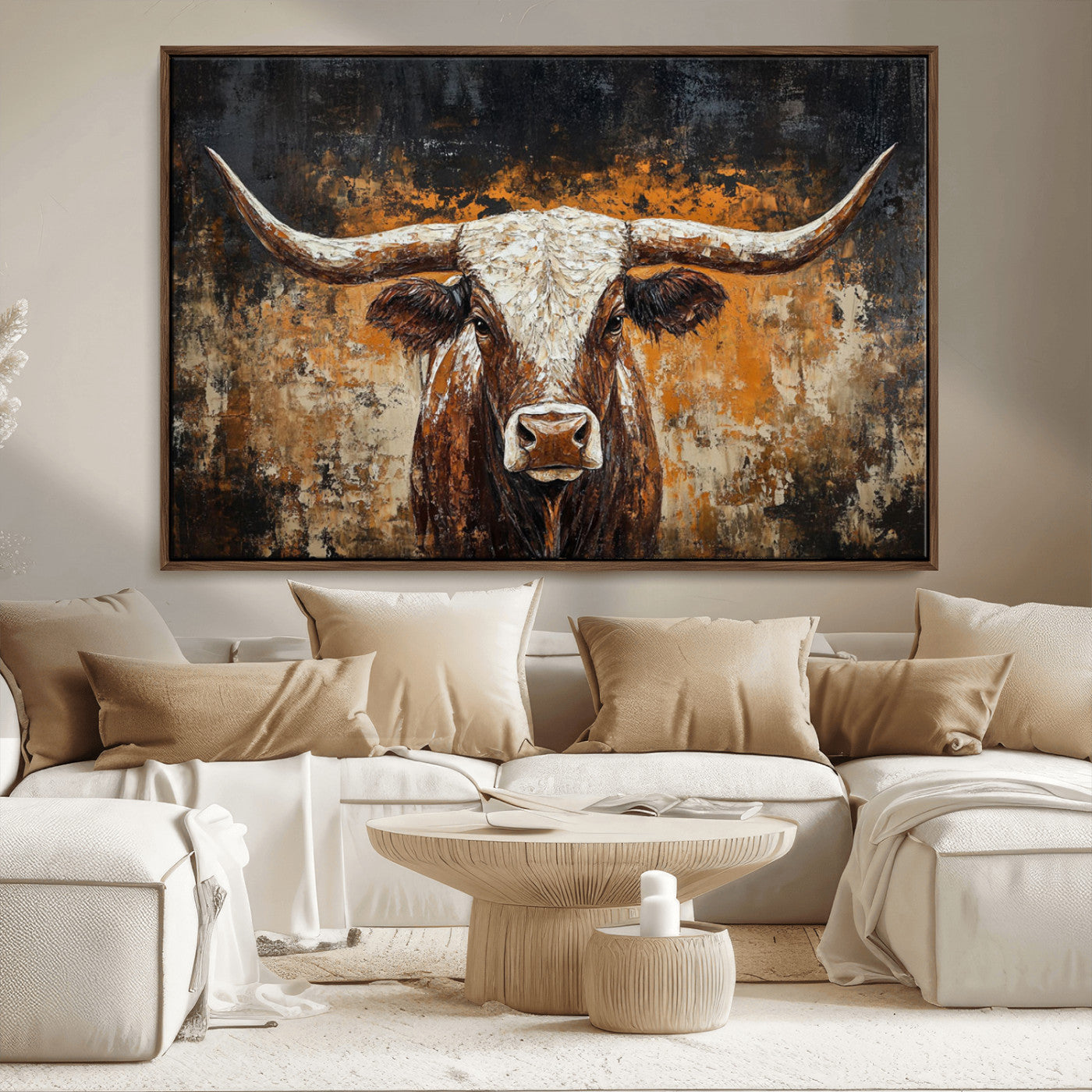 25265572-MGV-CV-36X24-Rustic Longhorn Bull Wall Art Canvas Print – Vintage Western Cattle Painting, Texas Steer Artwork for Ranch, Farmhouse or Cowboy Decor
