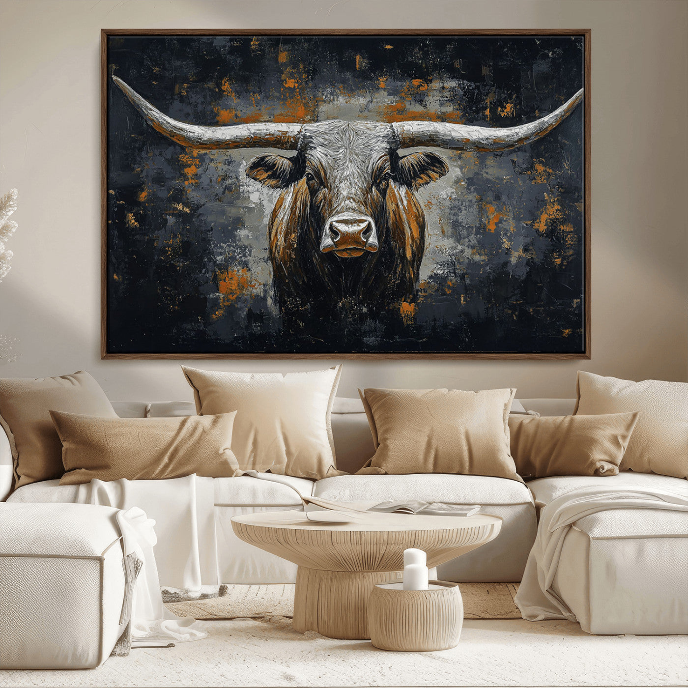 93195031-MGV-CV-36X24-Rustic Longhorn Bull Wall Art Canvas Print – Vintage Western Cattle Painting, Texas Steer Artwork for Ranch, Farmhouse or Cowboy Decor