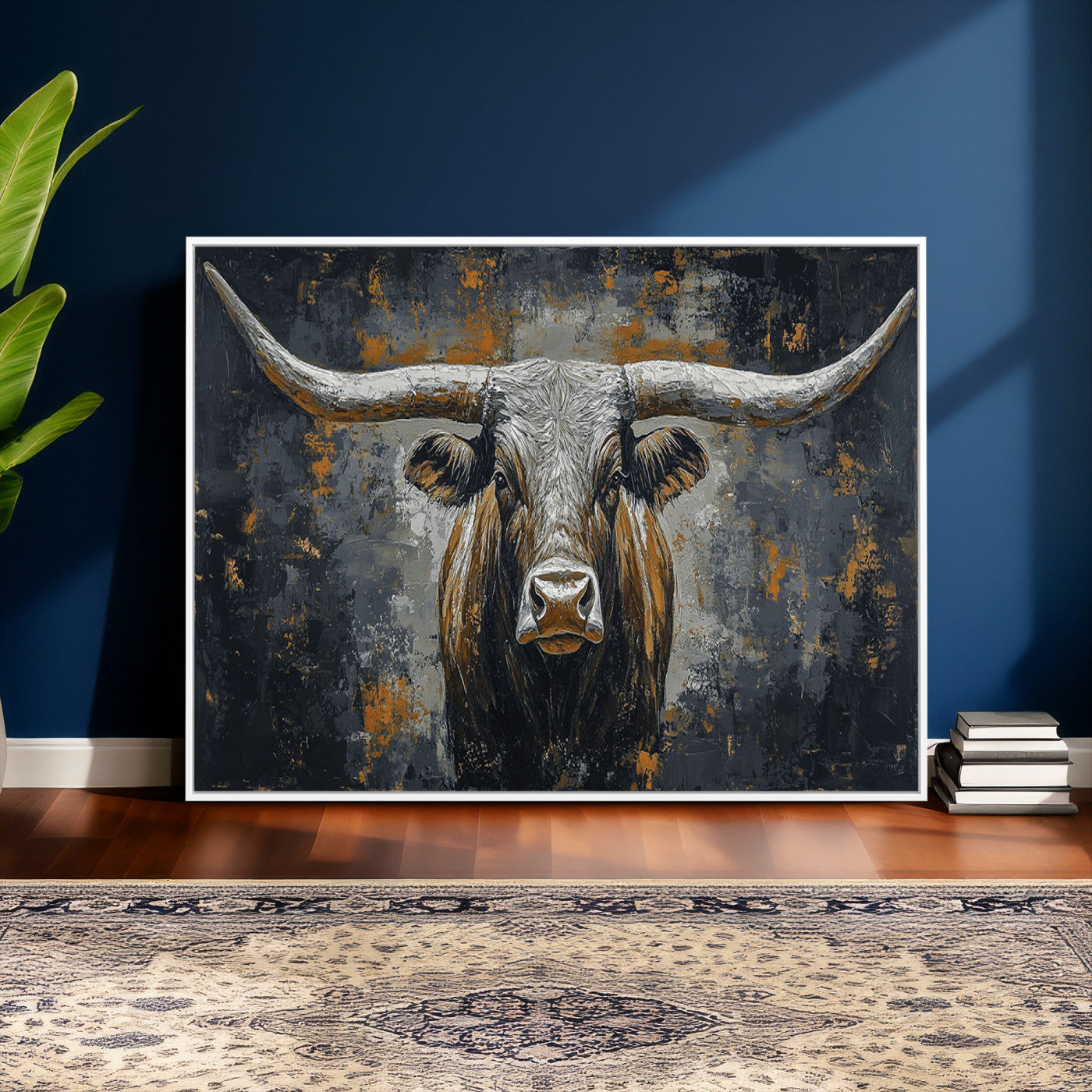 73972561-MGV-CV-36X24 - Bold Bull Wall Art Canvas – Striking Portrait with Wide Horns and Rich Brown Hues, Rustic Farmhouse and Western Decor for Home Room