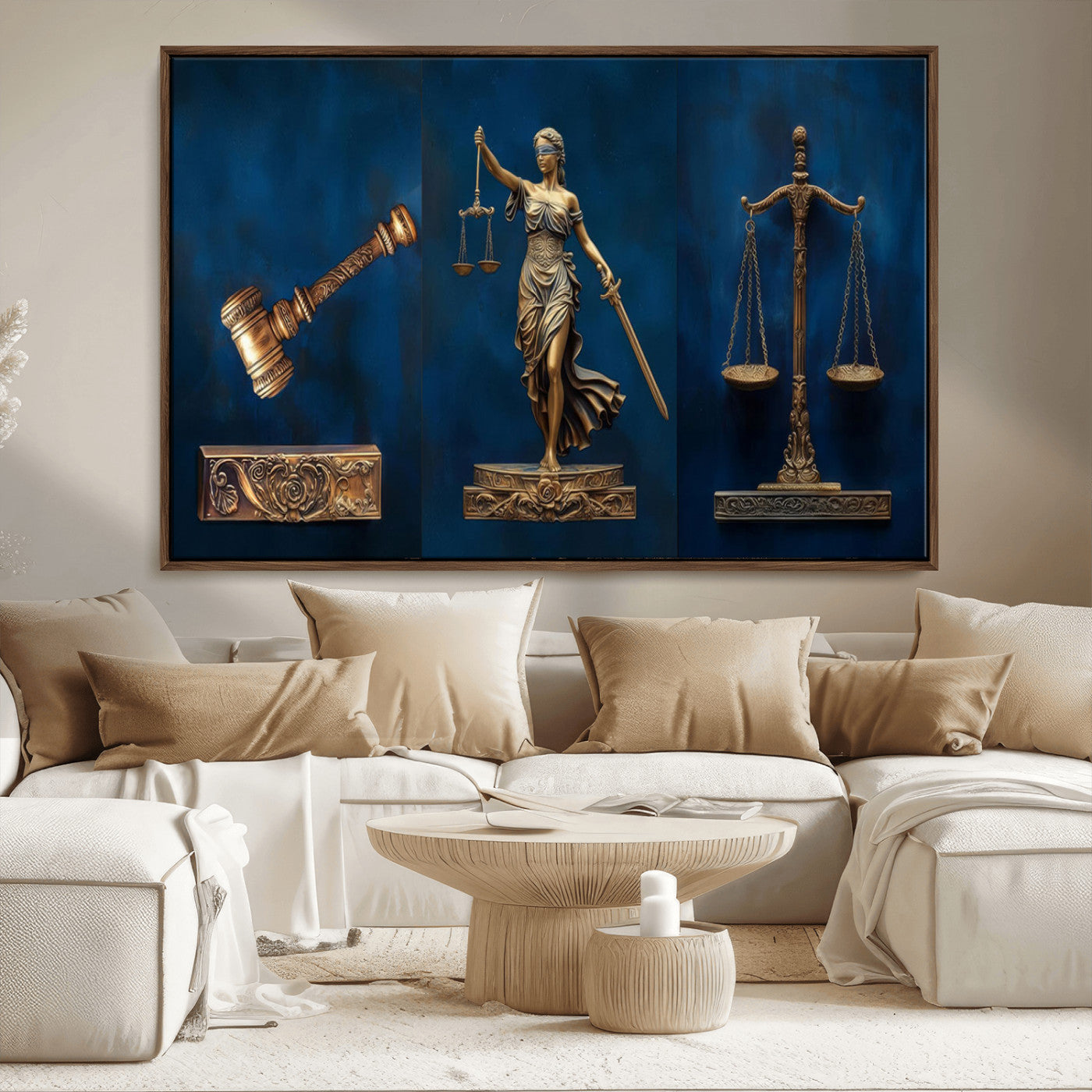 MGV-FC-36X24 - Lady Justice Wall Art Canvas Print – Elegant Gold Legal Symbols on Blue Background, Perfect for Law