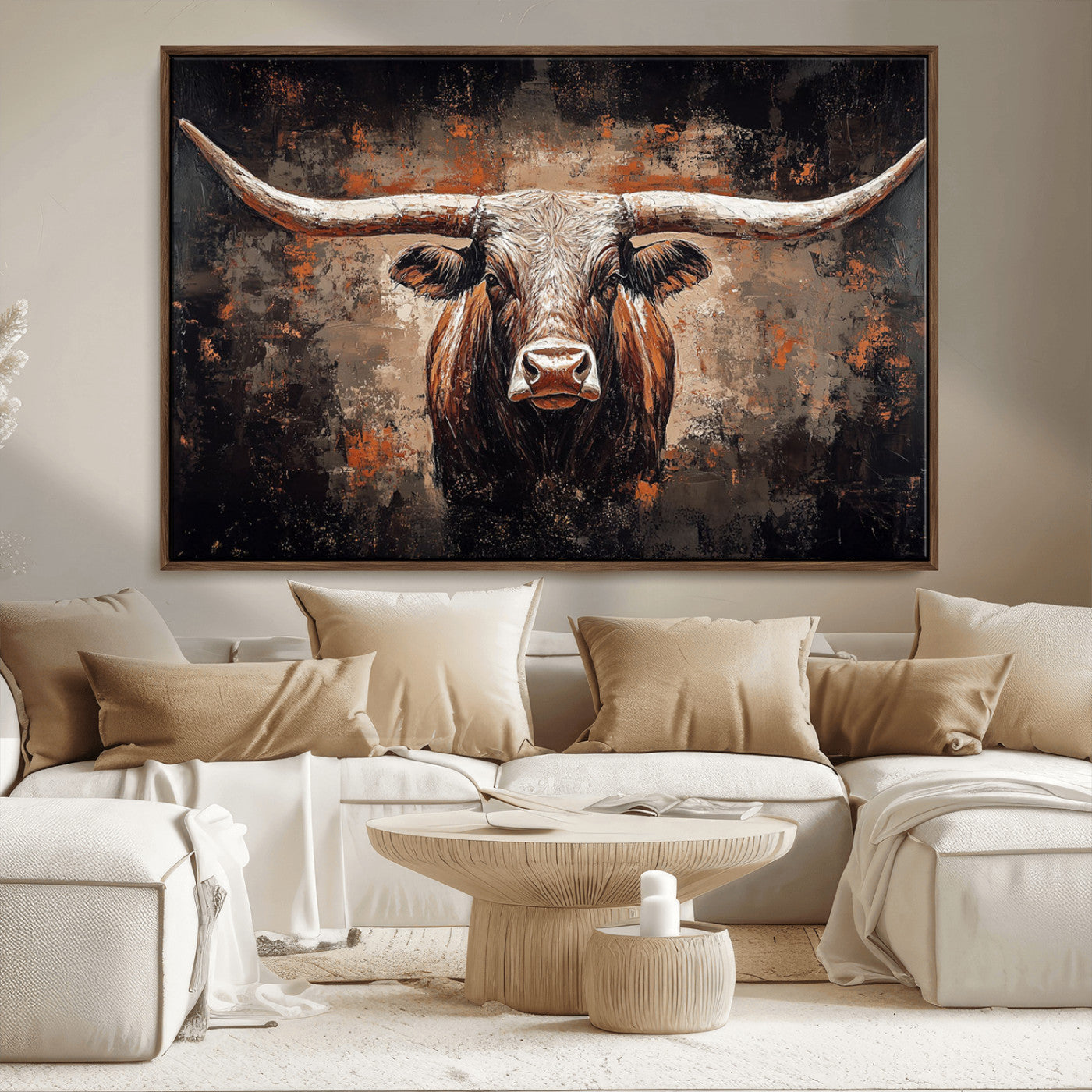 Rustic Longhorn Bull Wall Art Canvas Print – Vintage Western Cattle Painting, Texas Steer Artwork for Ranch, Farmhouse or Cowboy Decor