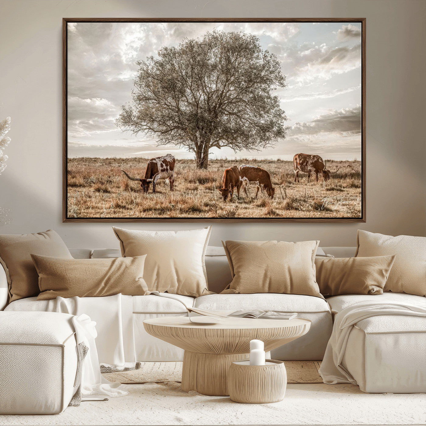Texas Longhorn Cattle Wall Art Canvas Print – Rustic Western Ranch Scene with Steers at Sunset, Perfect for Farmhouse or Cowboy Decor