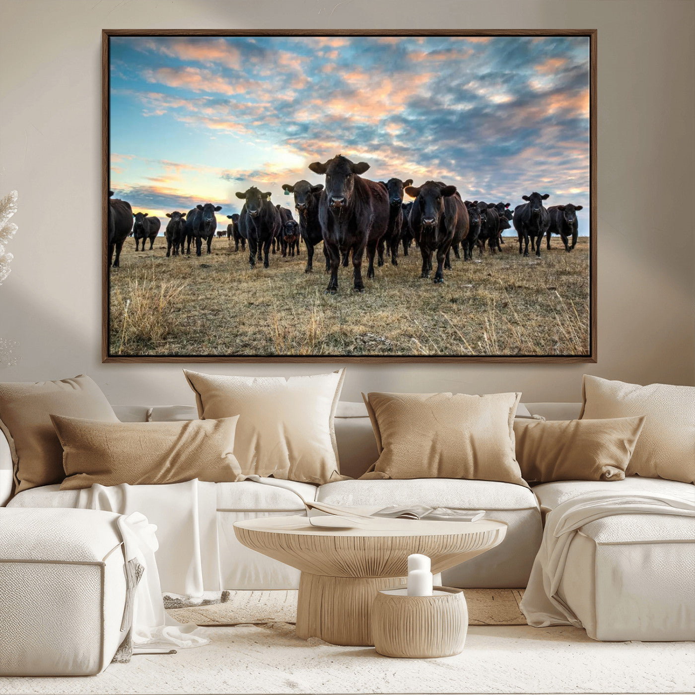 13867292-MGV-CV-36X24-Texas Longhorn Cattle Wall Art Canvas Print – Rustic Western Ranch Scene with Steers at Sunset, Perfect for Farmhouse or Cowboy Decor