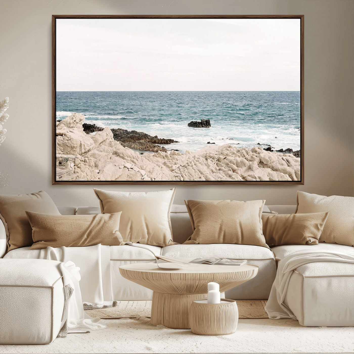 Coastal Ocean View Wall Art Canvas Print – Serene Rocky Shoreline and Blue Sea Photography for Coastal Chic or Minimalist Home Decor