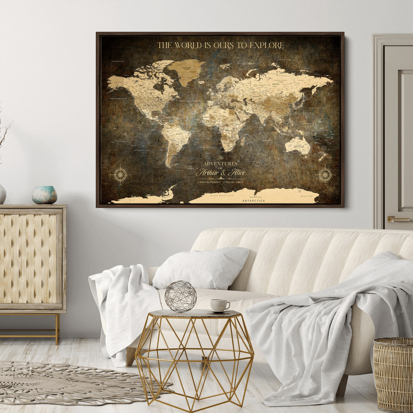 76675404-MGV-CV-36X24-Framed Push Pin World Travel Map – Canvas Wall Art for Tracking Adventures, Decorative Vintage Style Map with Pins for Home or Office - H1