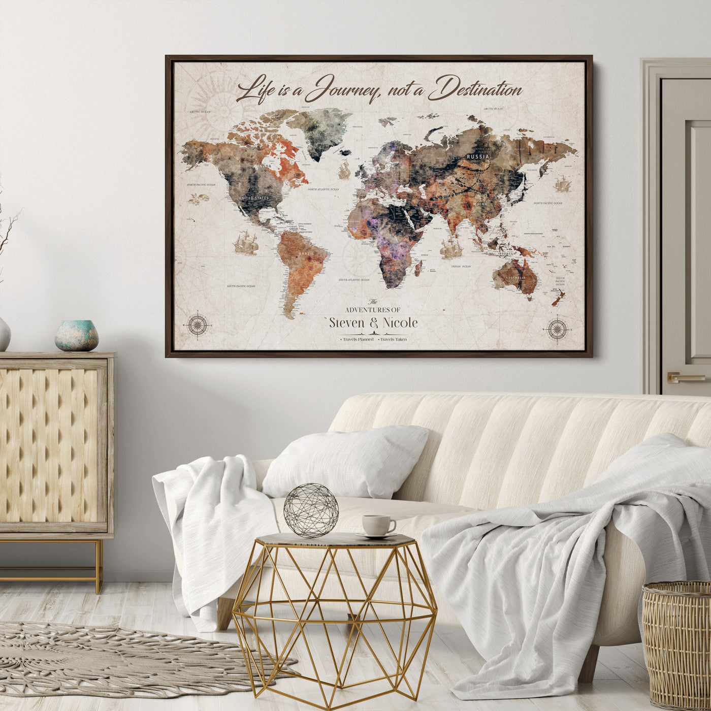 96000140-MGV-CV-36X24-Custom Push Pin World Map Wall Canvas Print – Personalized Travel Tracker with Pins – Framed Large Multi-Size Canvas for Home Office Decor