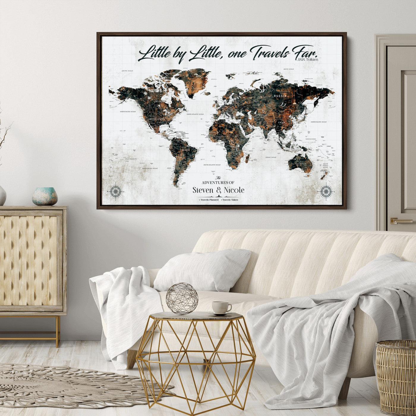 89231588-MGV-CV-36X24-Custom Push Pin World Map Wall Canvas Print – Personalized Travel Tracker with Pins – Framed Large Multi-Size Canvas for Home Office Decor